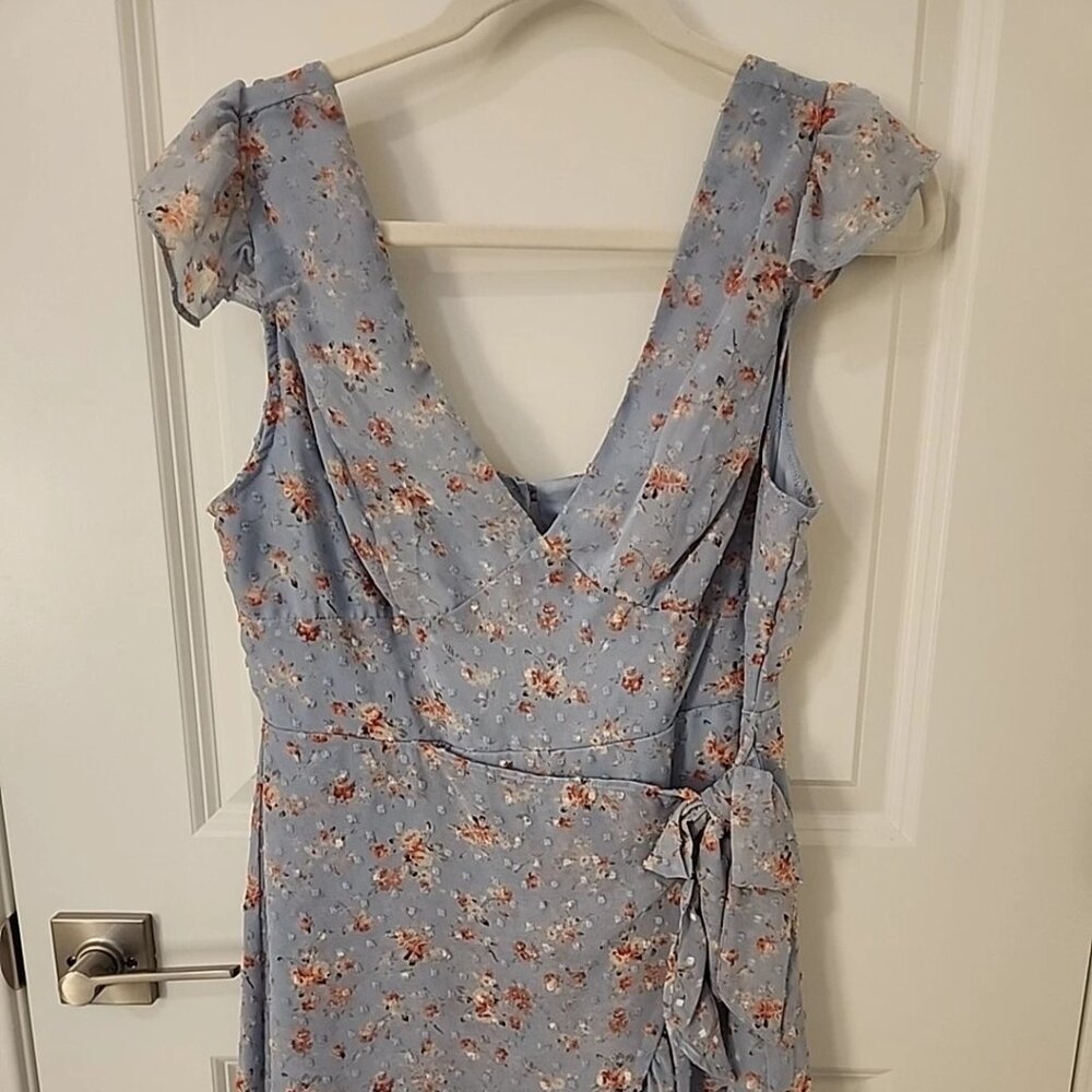 L ANTHROPOLOGIE x Dee Ely Wrap Dress Blue Floral Chiffon Ruffle NWTs